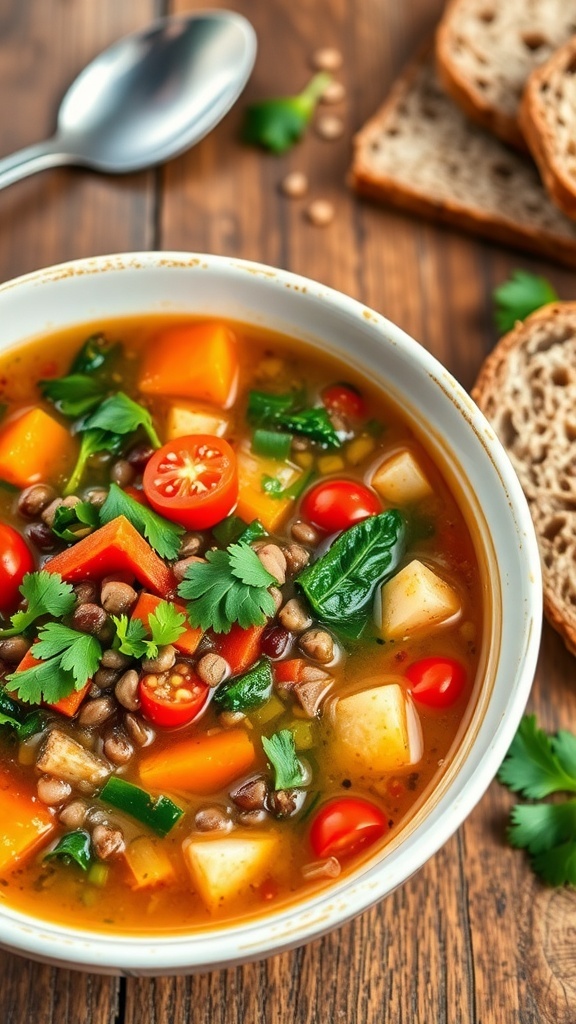 A colorful lentil quinoa broth bowl with spinach, carrots, and tomatoes, garnished with parsley, on a rustic table with bread.